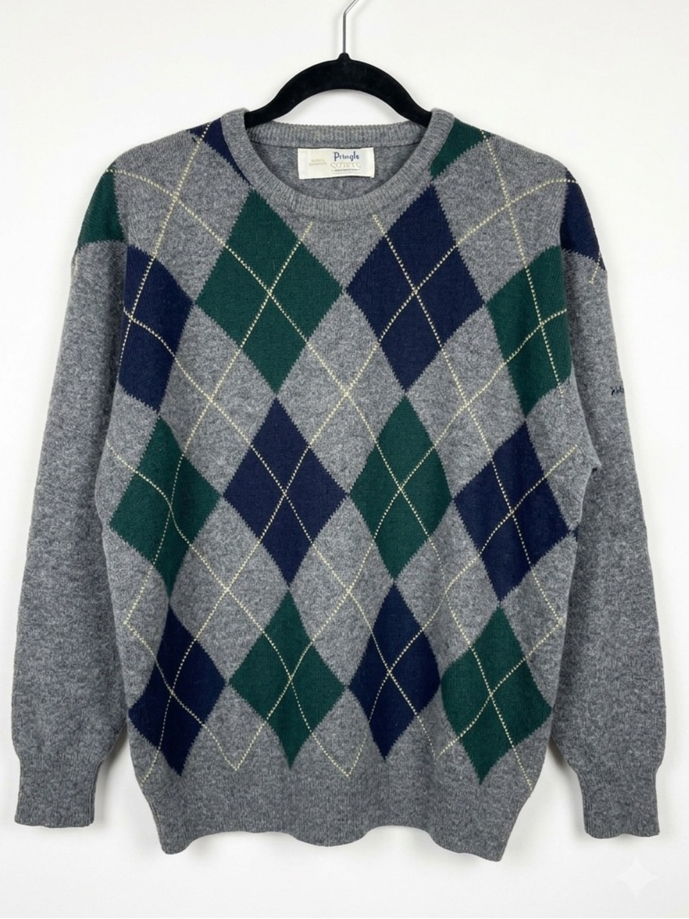 Vintage Pringle of Scotland Wool Argyle Sweater Golf Gray Mens Sz L